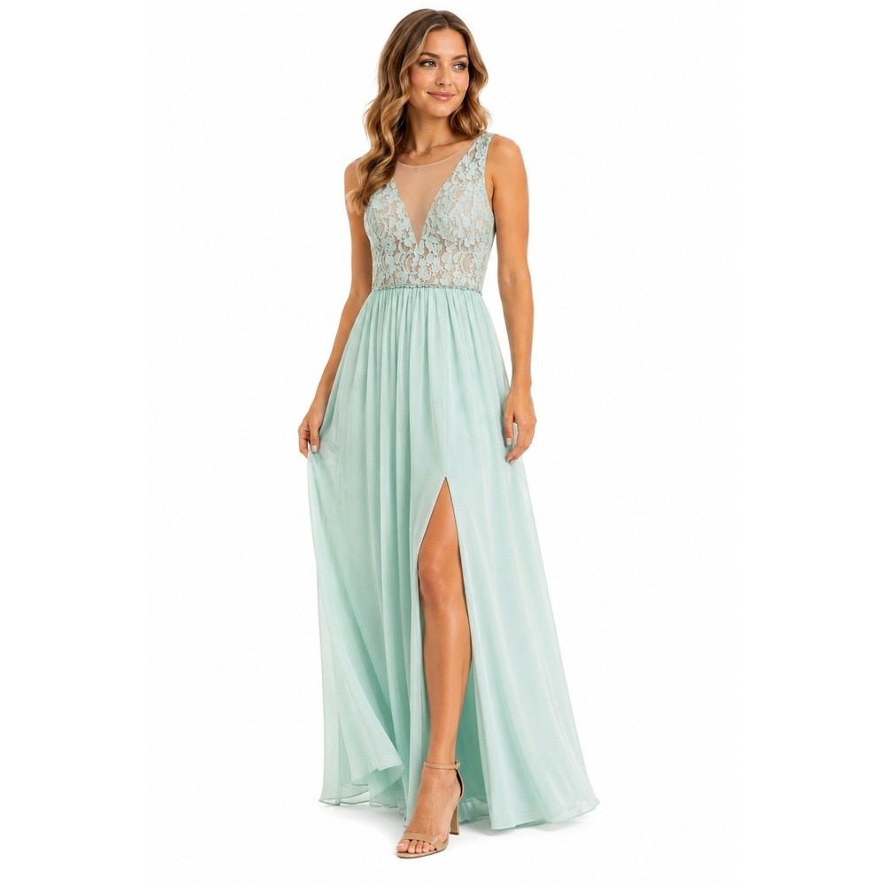 Davids Bridal Size 2 New Maxi Gown‎ Mint Green Lace Mesh Bridesmaid Formal Gala